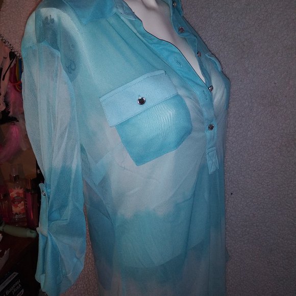 INC International Concepts Baby Blue Sheer Long Sleeve Blouse - Picture 6 of 10